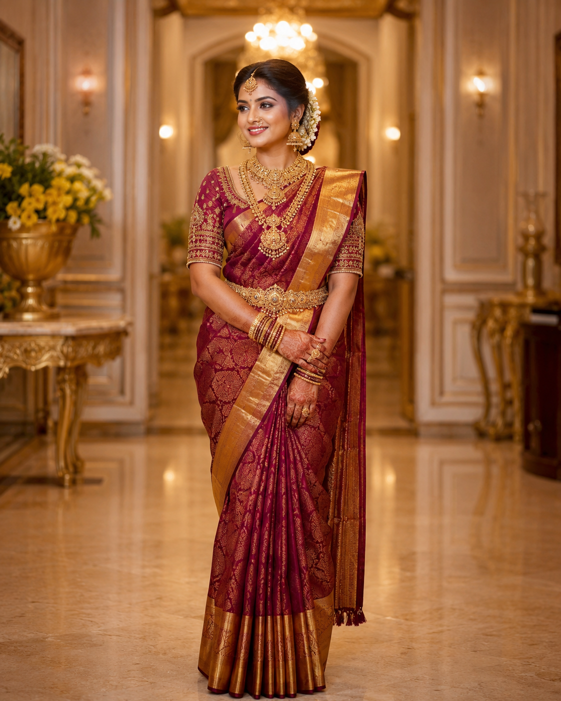 Traditional bridal makeup look in Trichy with silk saree and gold jewelry